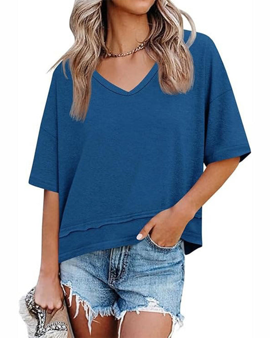 Solid V-Neck Patchwork Hem Blouses blouses & shirts spring summer