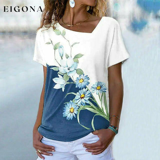 Floral Print Contrast T-Shirt Blue best Best Sellings clothes Plus Size Sale tops Topseller