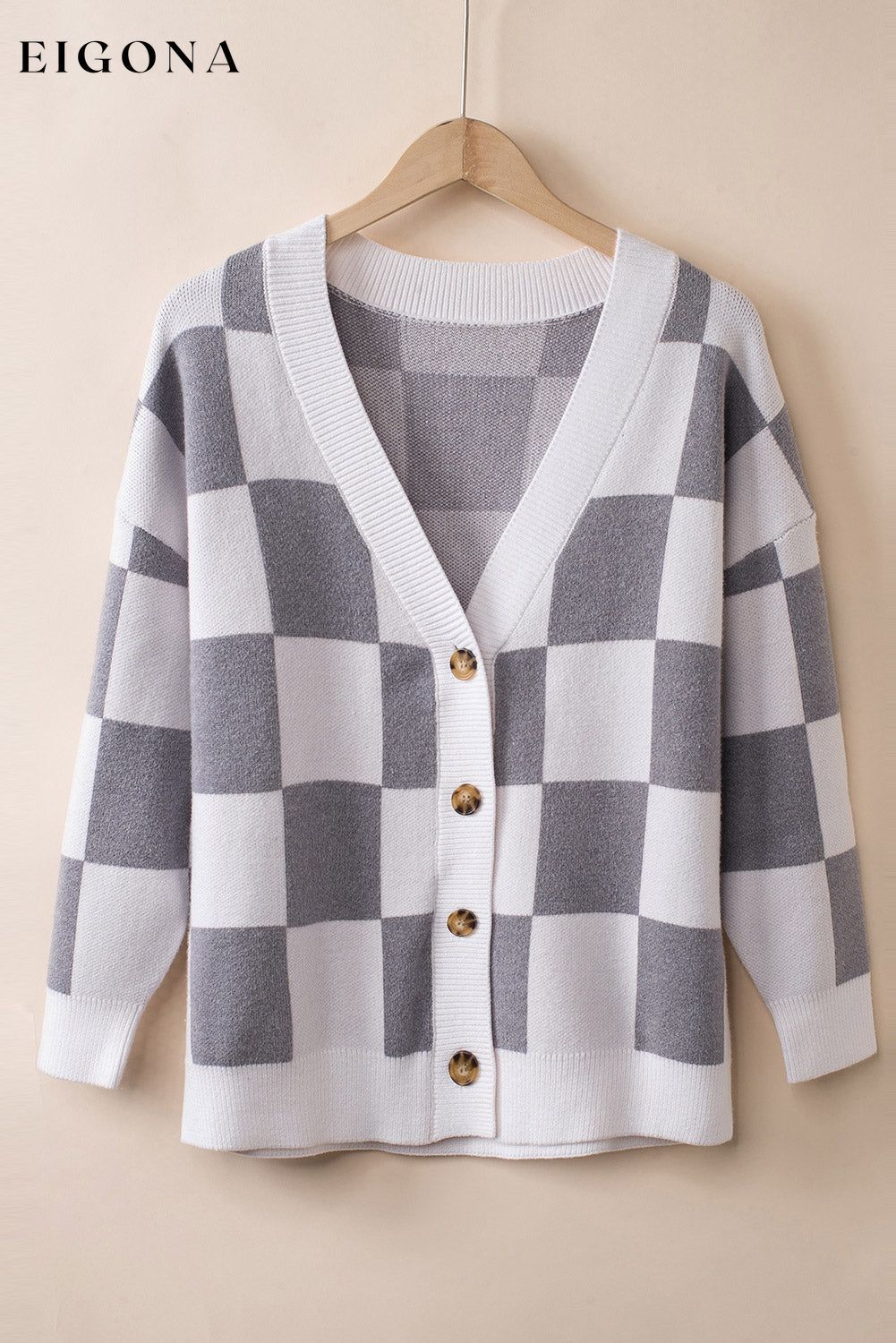 Gray Contrast Checkered Print Button Up Sweater Cardigan All In Stock Best Sellers clothes Occasion Daily Print Color Block Season Winter Style Southern Belle sweater sweaters