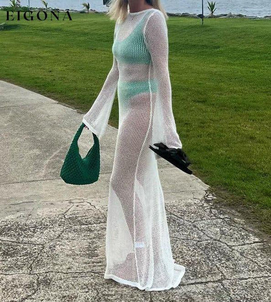Knitted Beach Resort Dress Long Sleeve Hollow Out See Through White Clothes