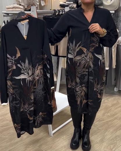 V-Neck Leaf Print Long-Sleeved Dress