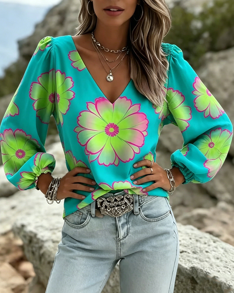 Color Block Large Floral Print Lantern Sleeve Blouse