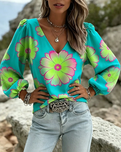 Color Block Large Floral Print Lantern Sleeve Blouse