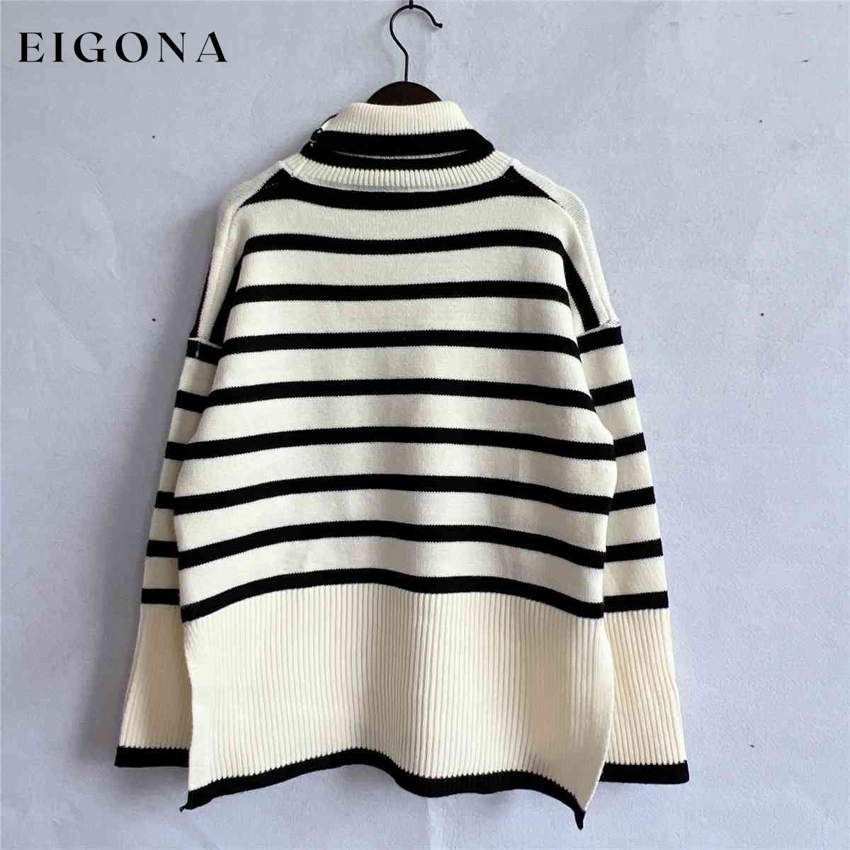 Striped Turtleneck Flare Sleeve Sweater clothes S.X Ship From Overseas