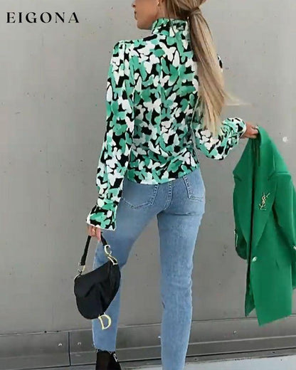 Butterfly print stand collar long sleeve shirt blouses & shirts spring summer
