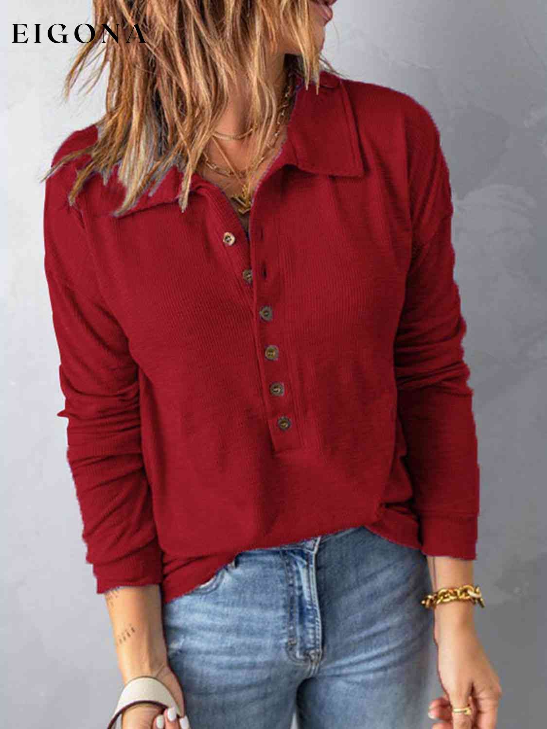 Collared Neck Half Button Top Deep Red clothes Ship From Overseas Y@S@M