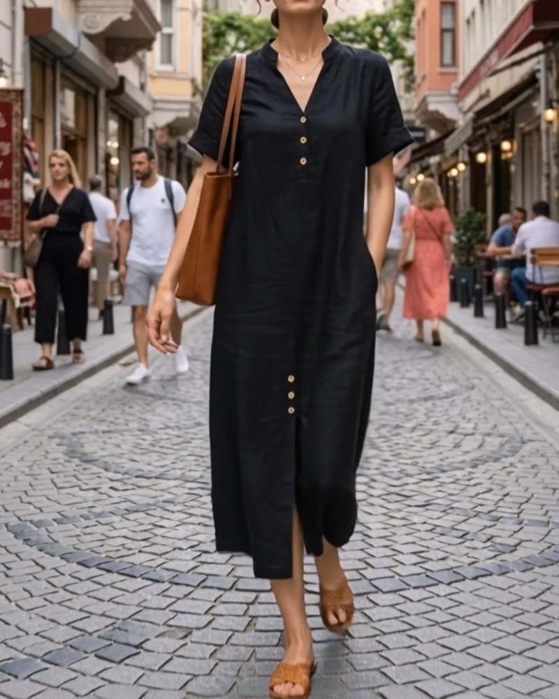 V-Neck Short Sleeve Button Dress