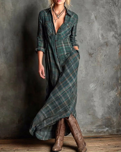 Fashionable Lapel Plaid Dress