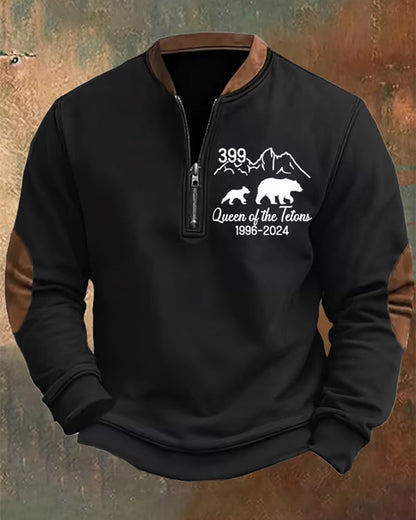 Men's Vintage Zipper Grizzly 399 The Queen Of The Tetons 1996-2024 Print Sweatshirt cute animals hoodies man