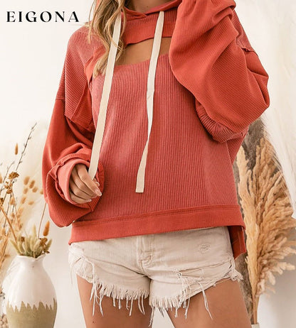 Orange Cut out Bust High Low Ribbed Hoodie Best Sellers clothes Color Red Detail Cut Out Fabric Ribbed Occasion Daily Print Solid Color Season Fall & Autumn Style Southern Belle sweater sweaters