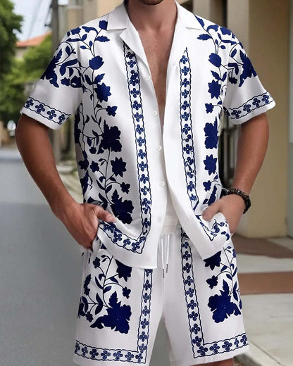 Men's Blue Porcelain Button Front Short Sleeve Set