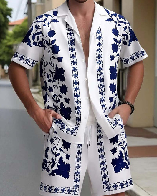 Men's Blue Porcelain Button Front Short Sleeve Set