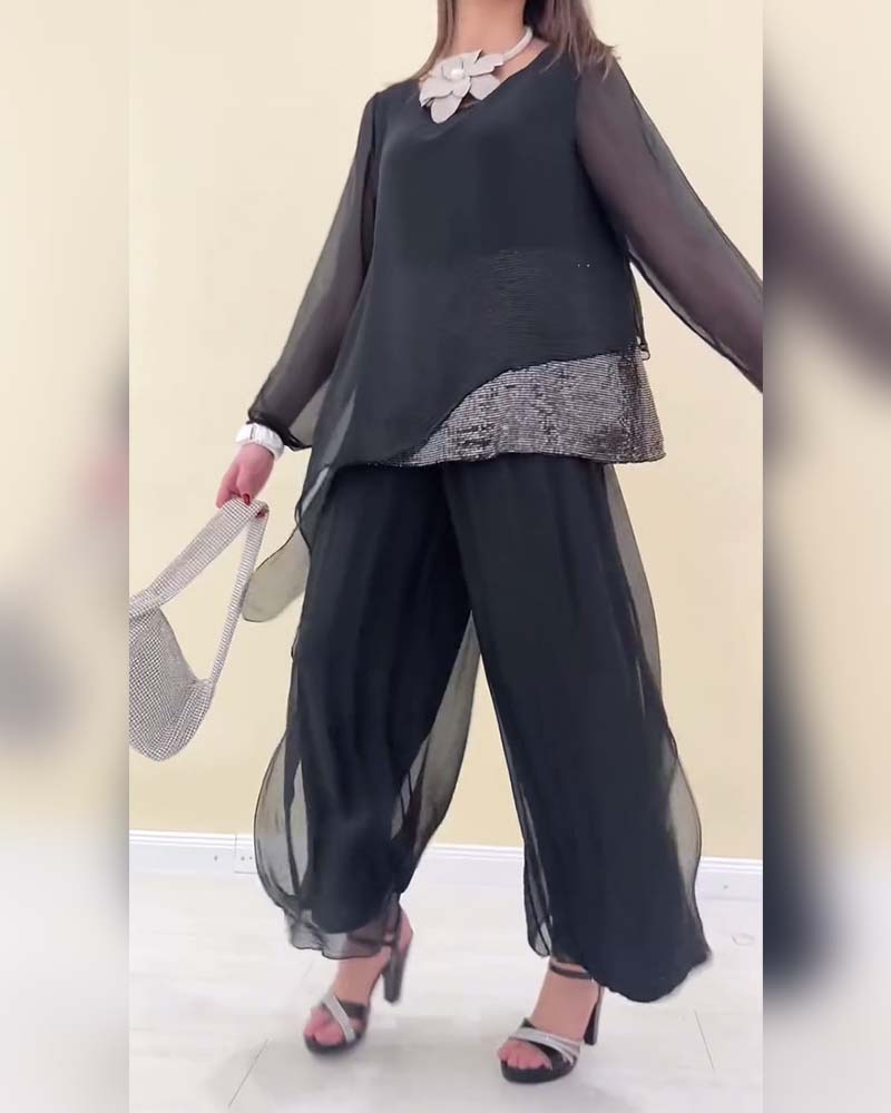 Long-Sleeved Sequined Solid Color Suit