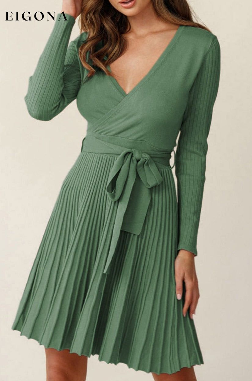 Surplice Neck Tie Waist Pleated Dress Mid Green clothes dress dresses Ship From Overseas SYNZ trend