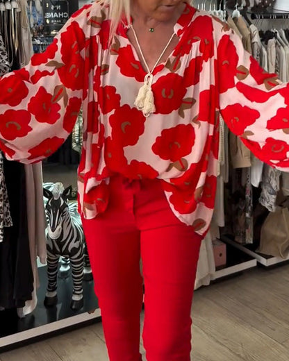 Big Floral Tie V-Neck Blouse
