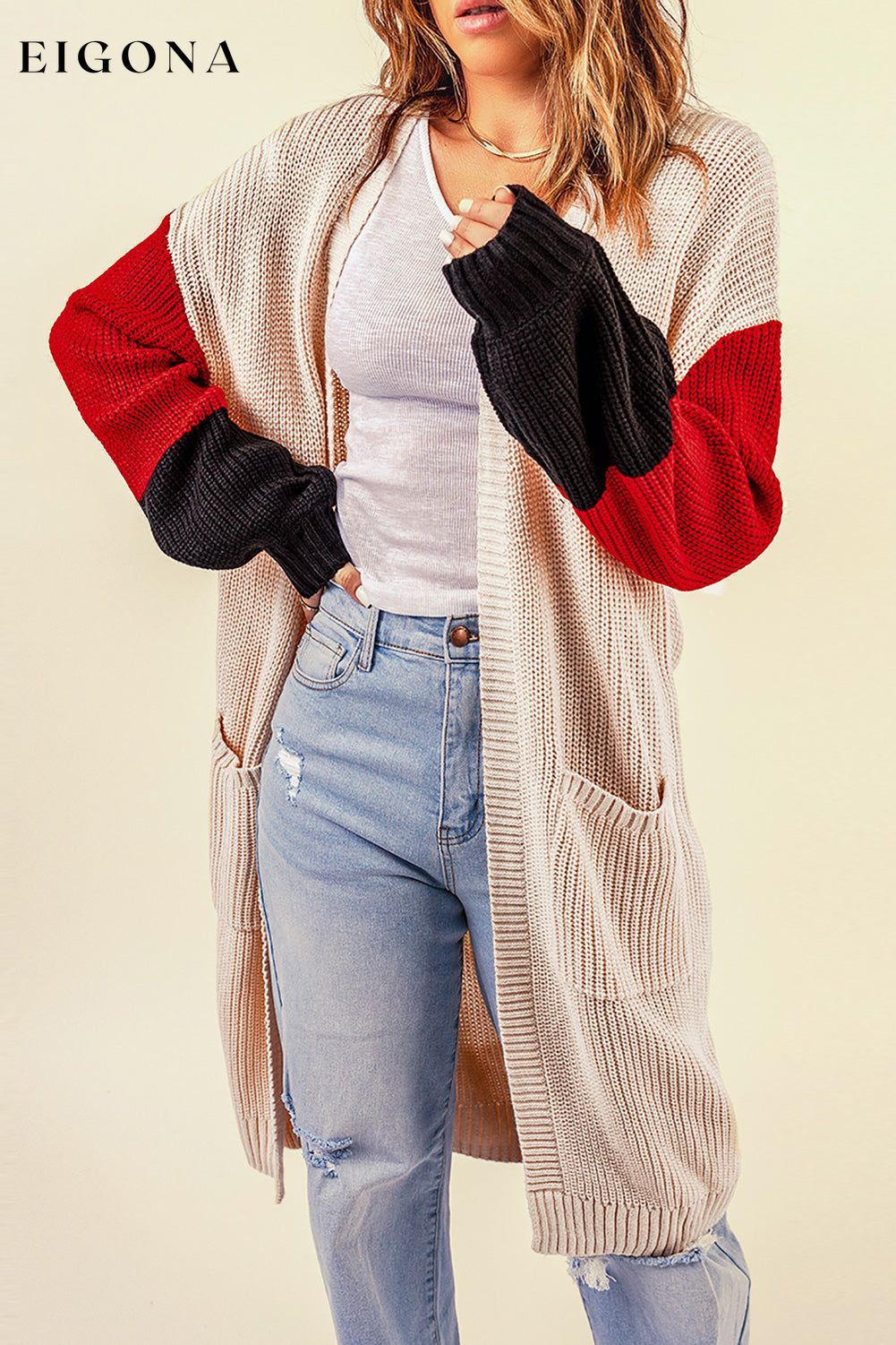 Color Block Rib-Knit Longline Cardigan with Front Pockets cardigan clothes long sleeve Ship From Overseas SYNZ