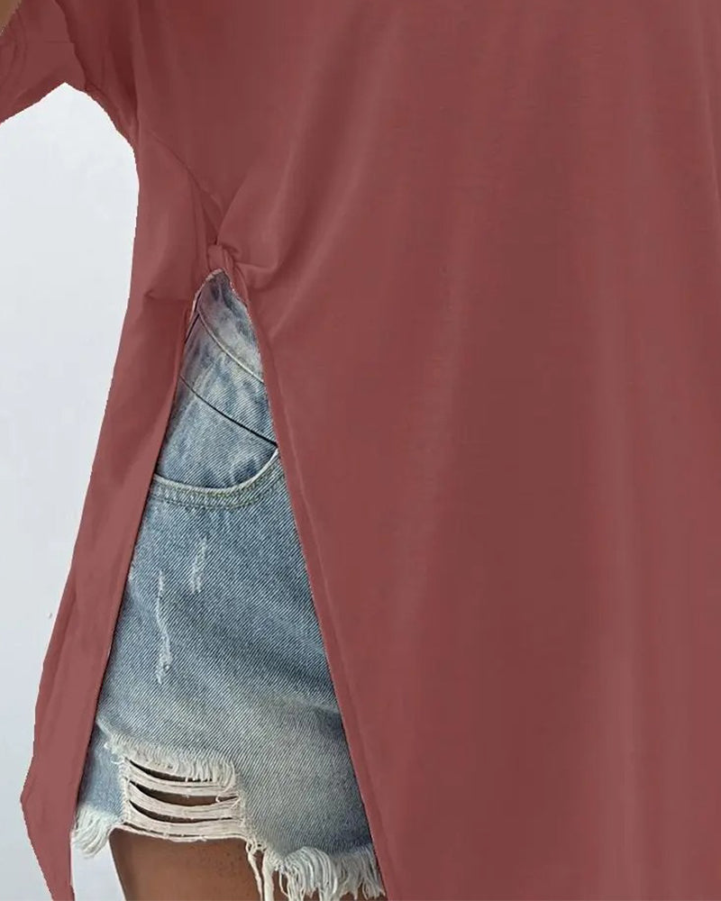 Round Neck Split Short Sleeve T-Shirt