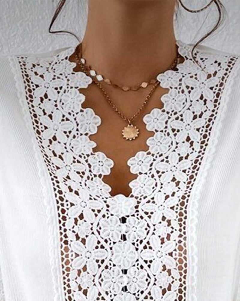 Lace V-Neck Spliced Hollow Out Blouse