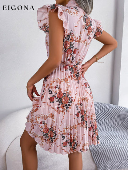 Pleated Floral Printed Tie Neck Knee Length Short Sleeve Dress B.J.S casual dress casual dresses clothes dress dresses Ship From Overseas short dress short dresses short sleeve dress short sleeve dresses