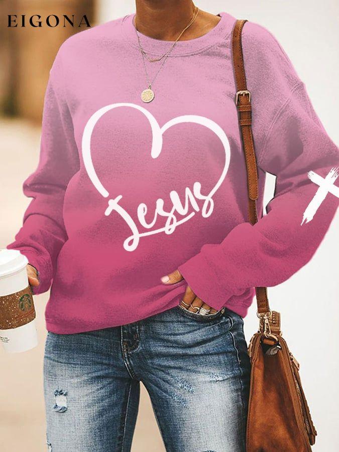 Women's JESUS Heart-shaped Cross Print Sweatshirt