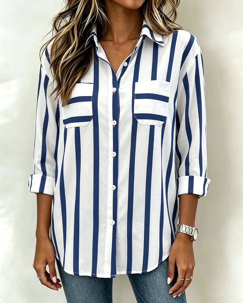 Lapel Striped Button-Down Blouse blouses & shirts spring summer