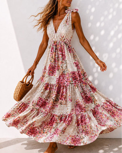 Floral Tie V-Neck Tiered Dress