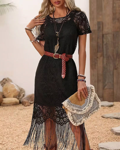 Lace-Paneled Short-Sleeve Fringed Dress