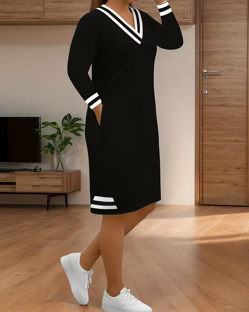 Color-Blocked Striped V-Neck Dress