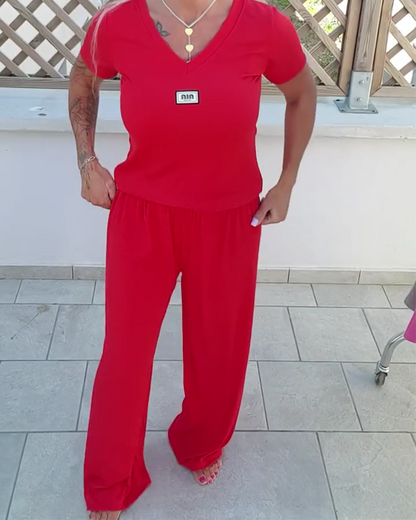 V-Neck Casual Wide-Leg Pants Suit