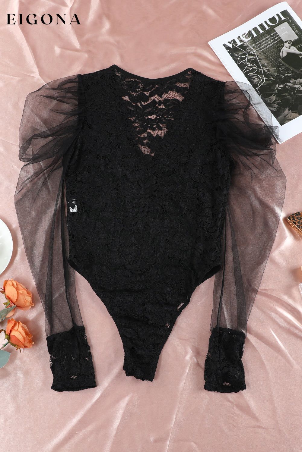 Black V Neck Lace Sheer Puff Sleeve Bodysuit blouse clothes DL Chic DL Exclusive puff sleeve shirt Season Spring top v neck shirt