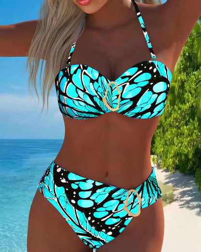Abstract Petal Print Halterneck Bikini