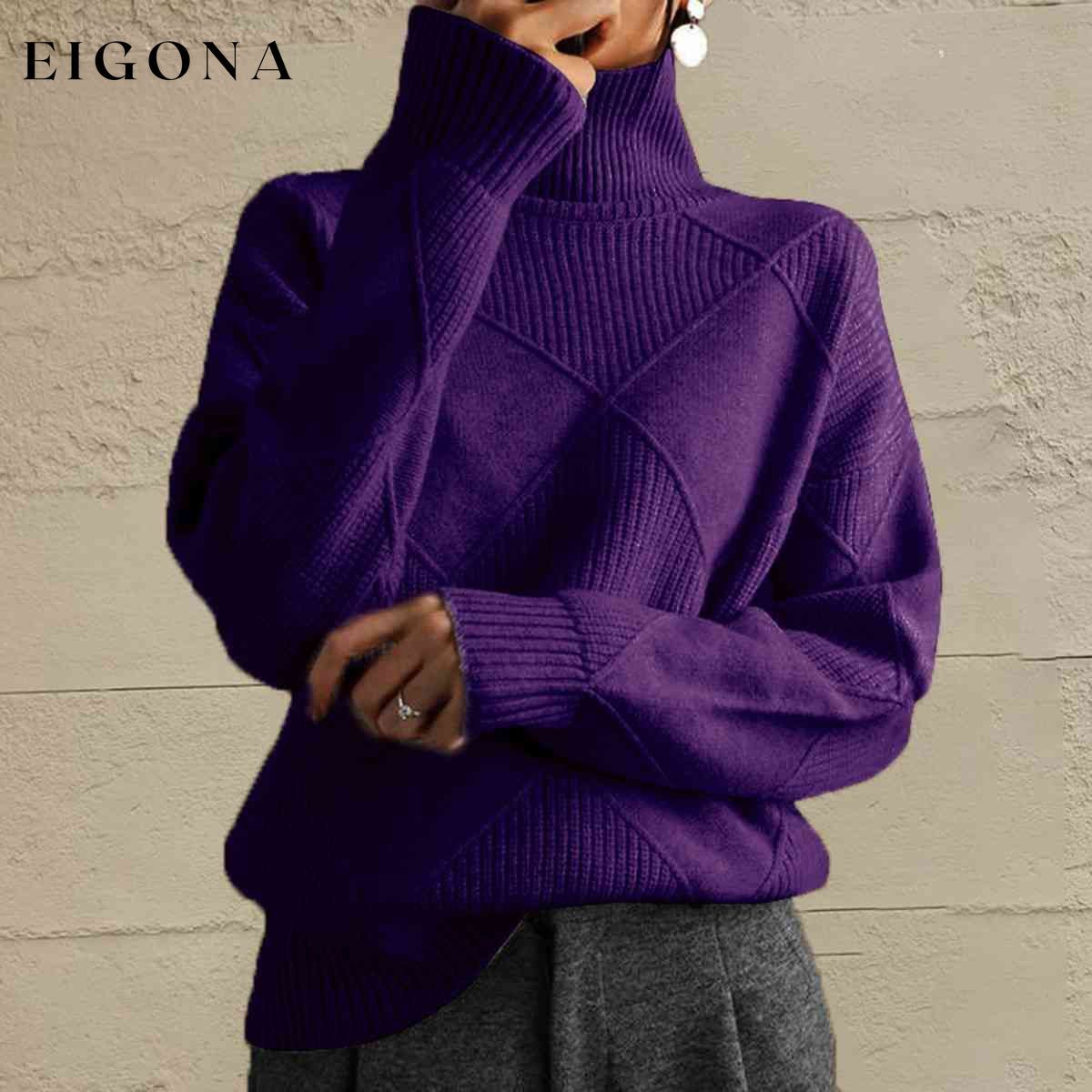 Geometric Turtleneck Long Sleeve Sweater Plum clothes Ship From Overseas X@M