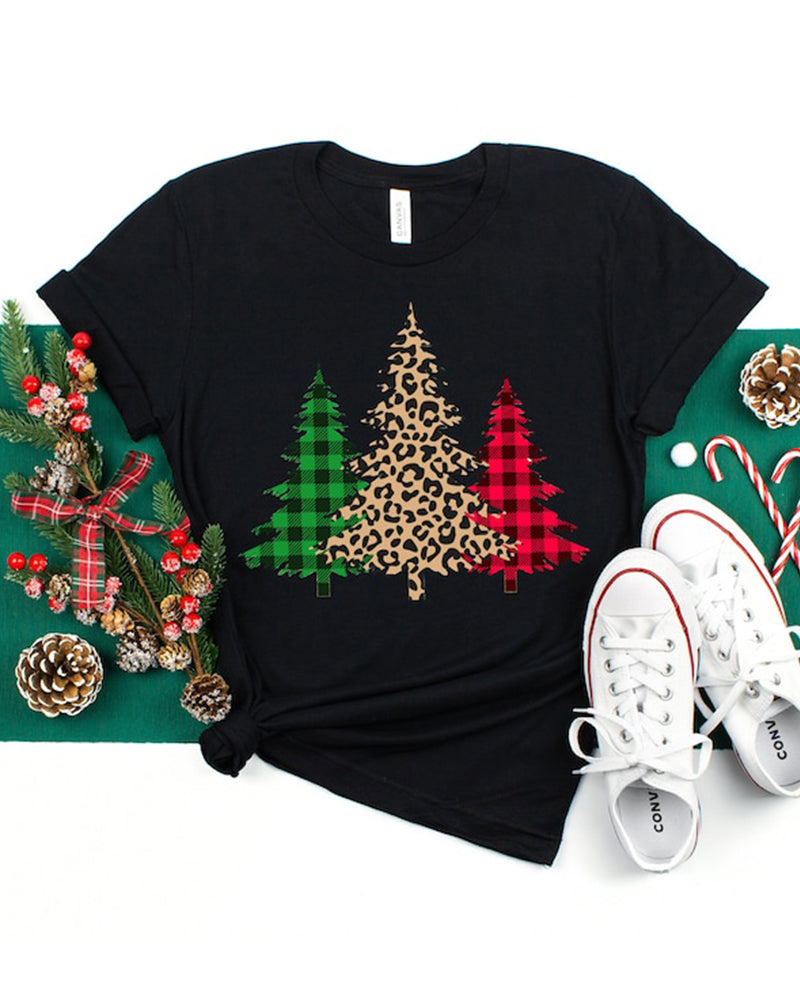 Leopard plaid patchwork Christmas tree print T-shirt 2024 f/w christmas summer t-shirts