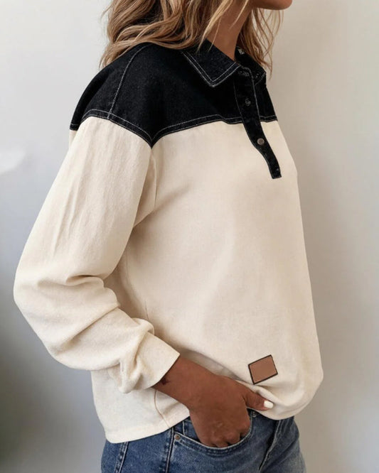 Casual Lapel Denim Patchwork Blouse