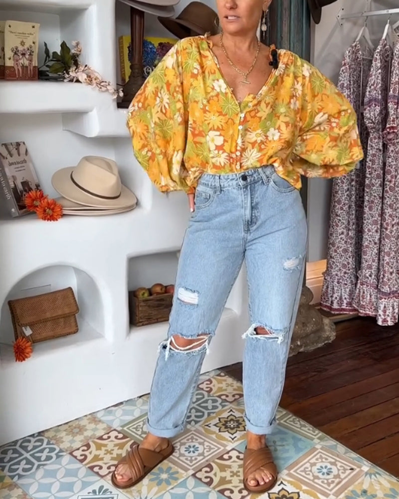 V-neck floral print blouse