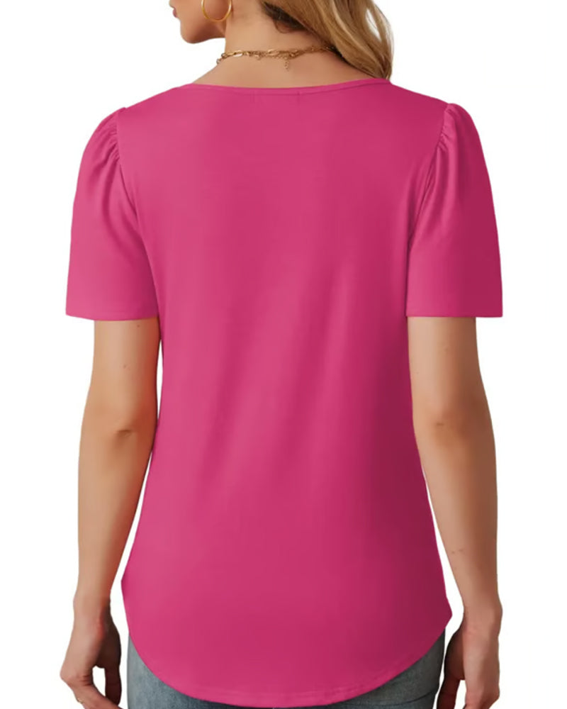 Pleated Loose Round Neck Short Sleeve T-Shirt