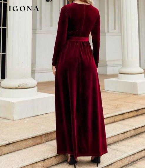 Tie Front Round Neck Long Sleeve Maxi Dress A@Y@Y clothes Ship From Overseas