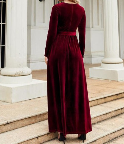 Tie Front Round Neck Long Sleeve Maxi Dress A@Y@Y clothes Ship From Overseas