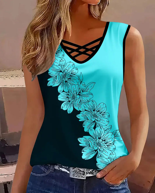 V-Neck Sleeveless Printed Colorblock Tank Top