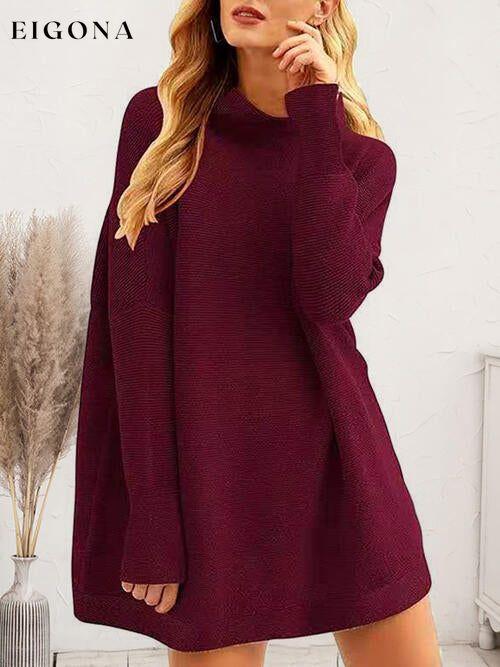 Round Neck Long Sleeve Sweater Dress Wine casual dresses clothes D&C dresses long sleeve dresses Ship From Overseas short dresses