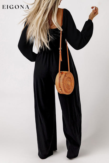 Black Smocked Square Neck Long Sleeve Wide Leg Jumpsuit All In Stock Best Sellers bottoms clothes DL Chic DL Exclusive long pants jumpsuit long sleeve jumpsuit Occasion Daily pants Print Solid Color Season Fall & Autumn Style Southern Belle