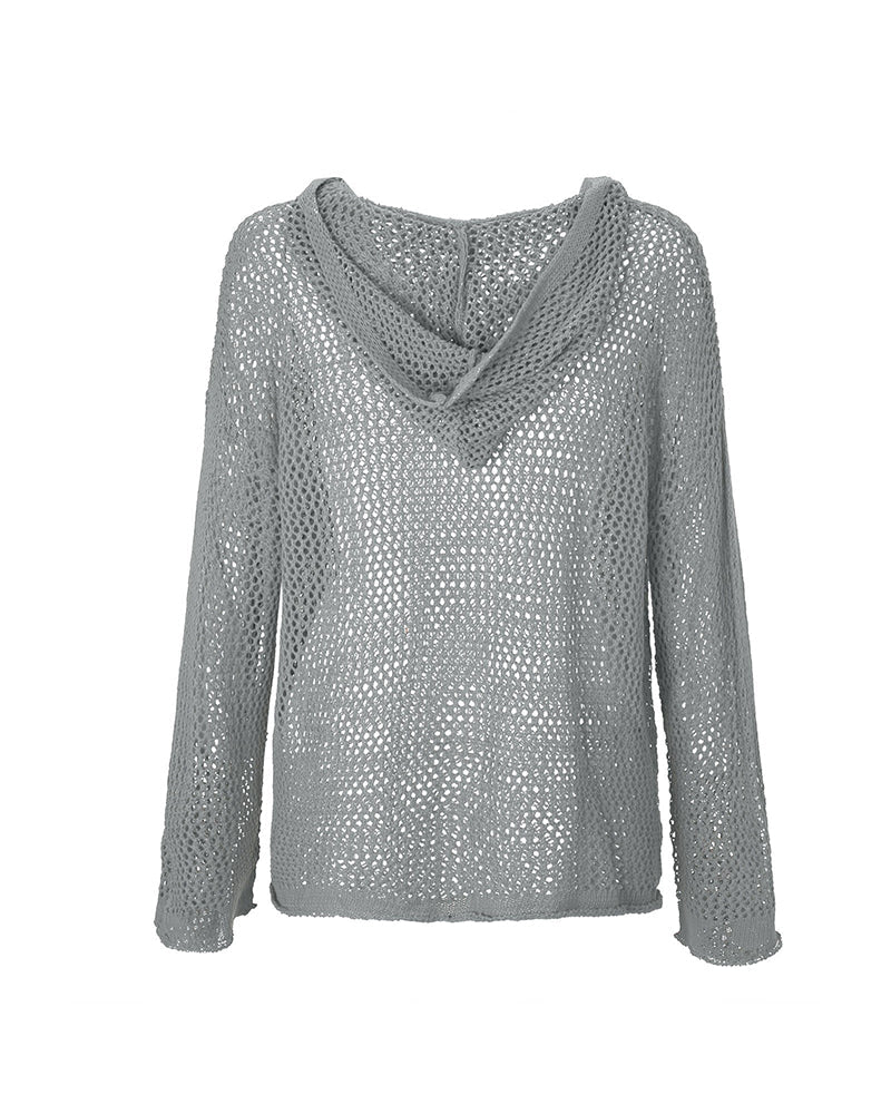 Dames Crochet Hollow Out Hooded Long Sleeve Tops