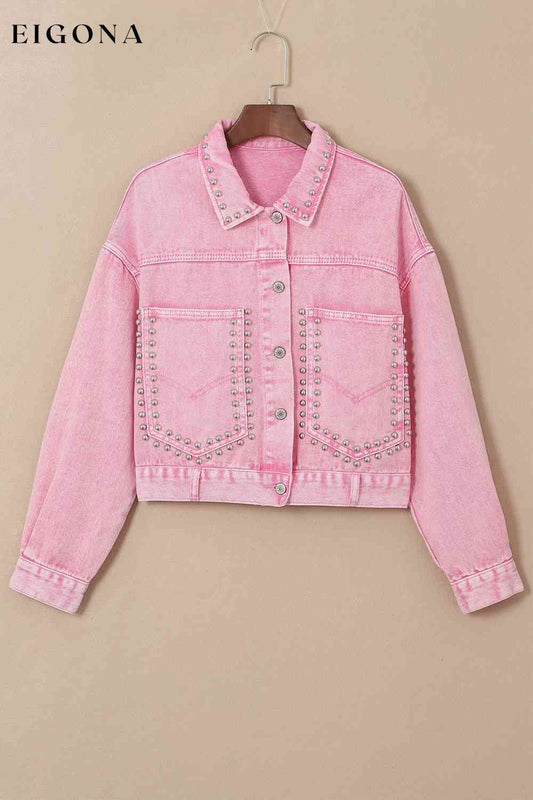 Studded Collared Neck Denim Jacket with Pockets Fuchsia Pink clothes Jackets & Coats Ship From Overseas SYNZ