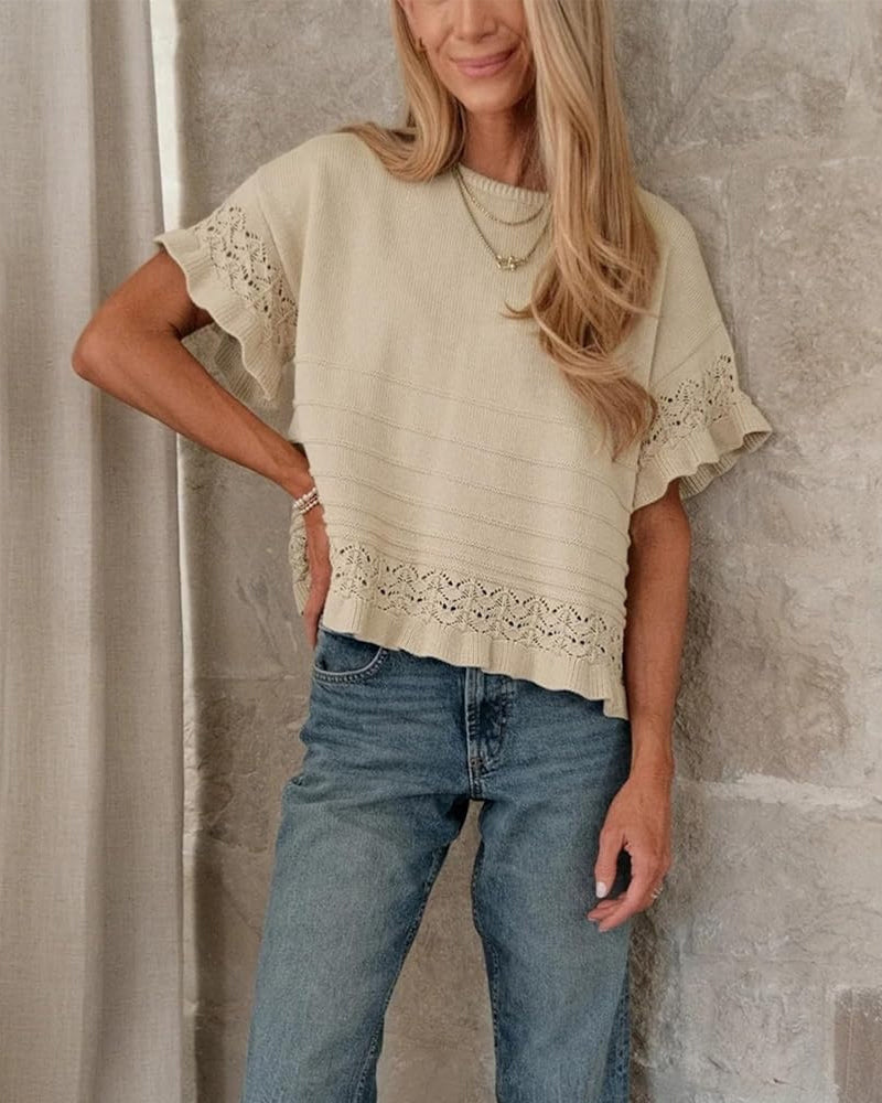 Round Neck Ruffled Hem Hollow Out Blouse