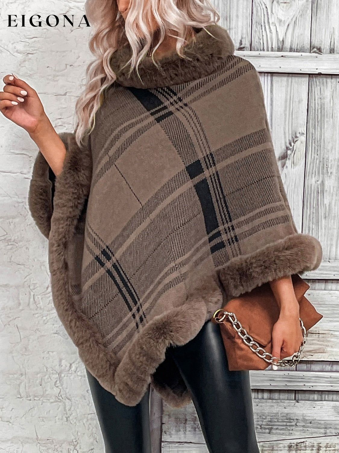 Plaid Faux Fur Trim Fashion Poncho Sweater clothes Ship From Overseas Shipping Delay 09/30/2023 - 10/03/2023 Sounded Sweater sweaters