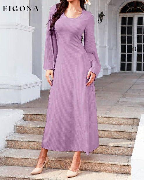 Tie Back Ribbed Round Neck Long Sleeve Dress Lilac casual dresses clothes dresses long sleeve dress long sleeve dresses maxi dress Ship From Overseas Y&M