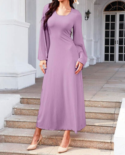 Tie Back Ribbed Round Neck Long Sleeve Dress Lilac casual dresses clothes dresses long sleeve dress long sleeve dresses maxi dress Ship From Overseas Y&M
