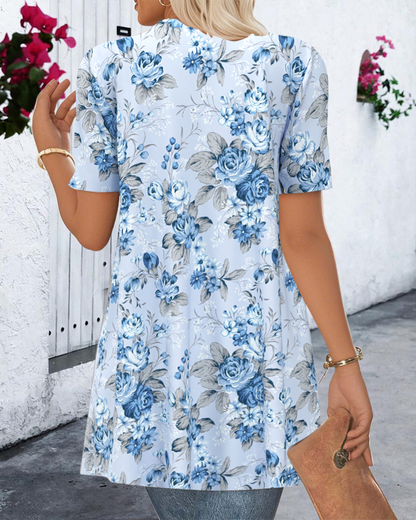 Irregular Print Short Sleeve Blouse