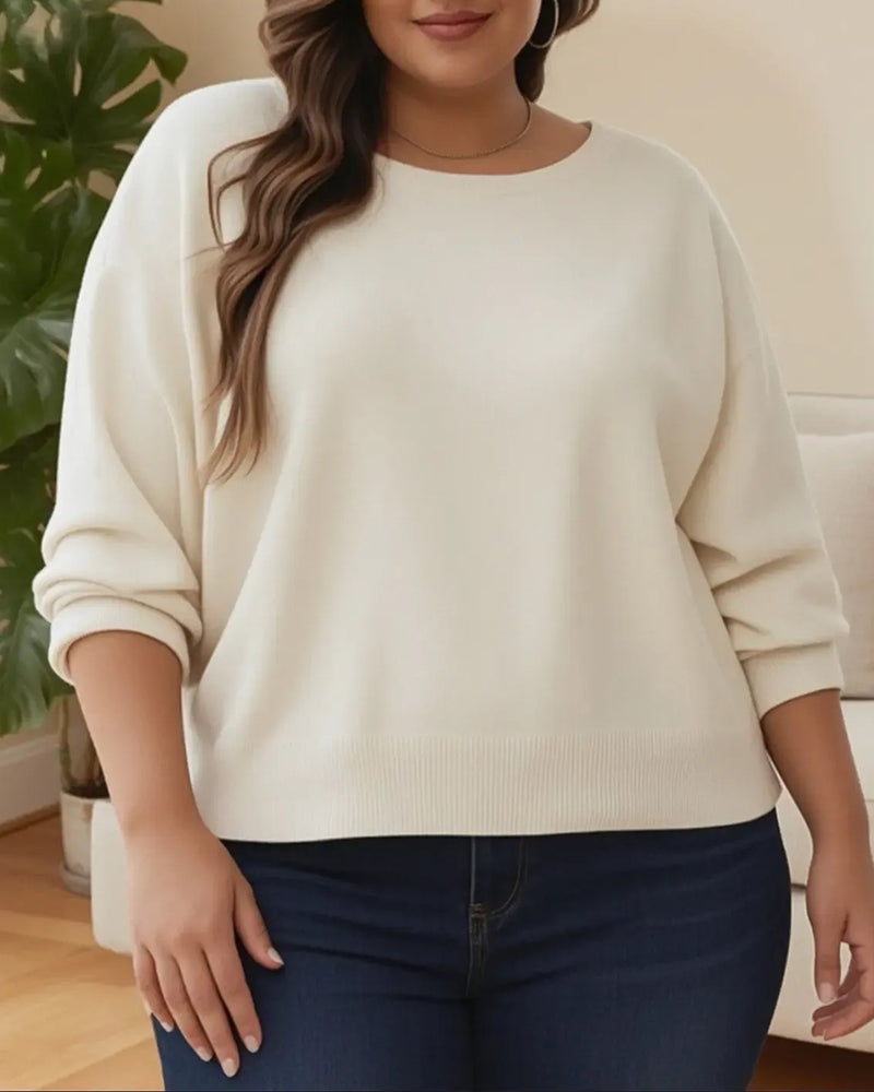 Crew-Neck Drop-Shoulder Solid Loose Pullover