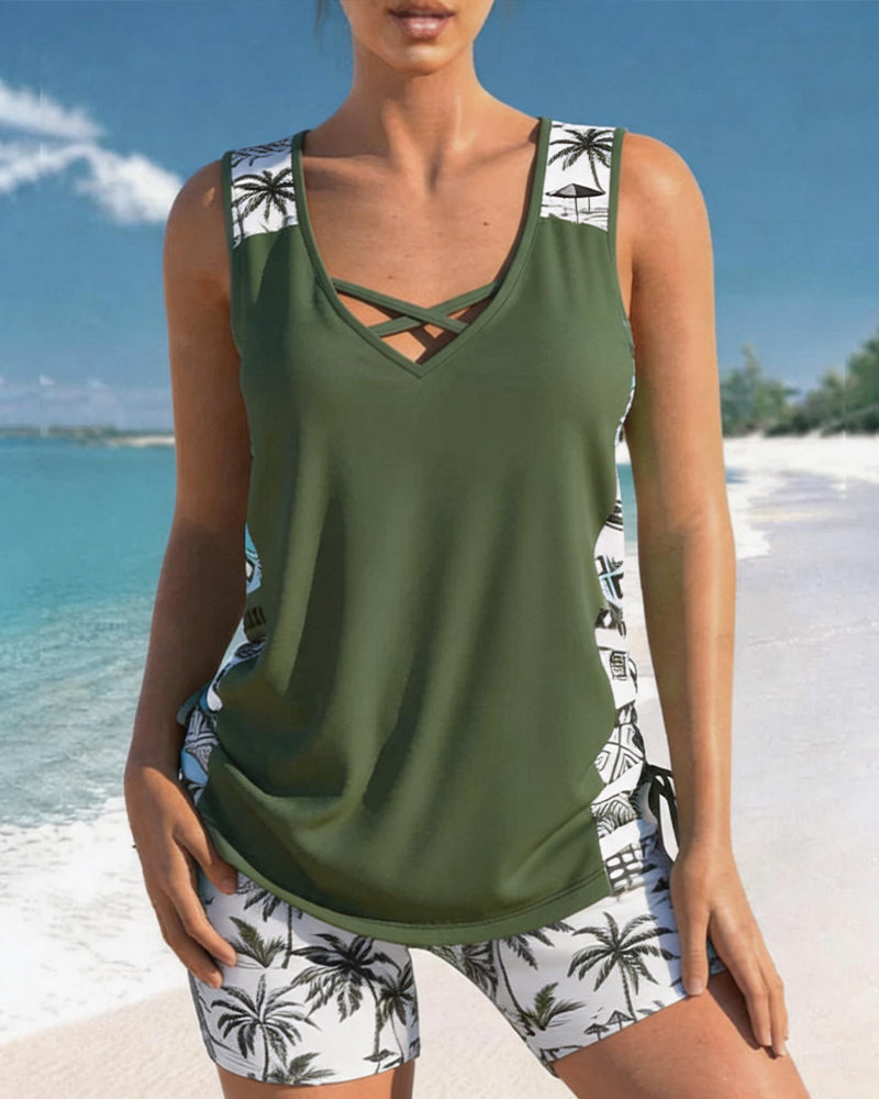 Vacation Printed Cross Strap Tankini